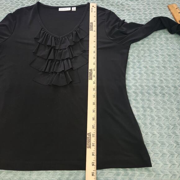 Susan Graver black 3/4 sleeve Liquid Knit Top size medium Ruffle Front - Picture 6 of 10
